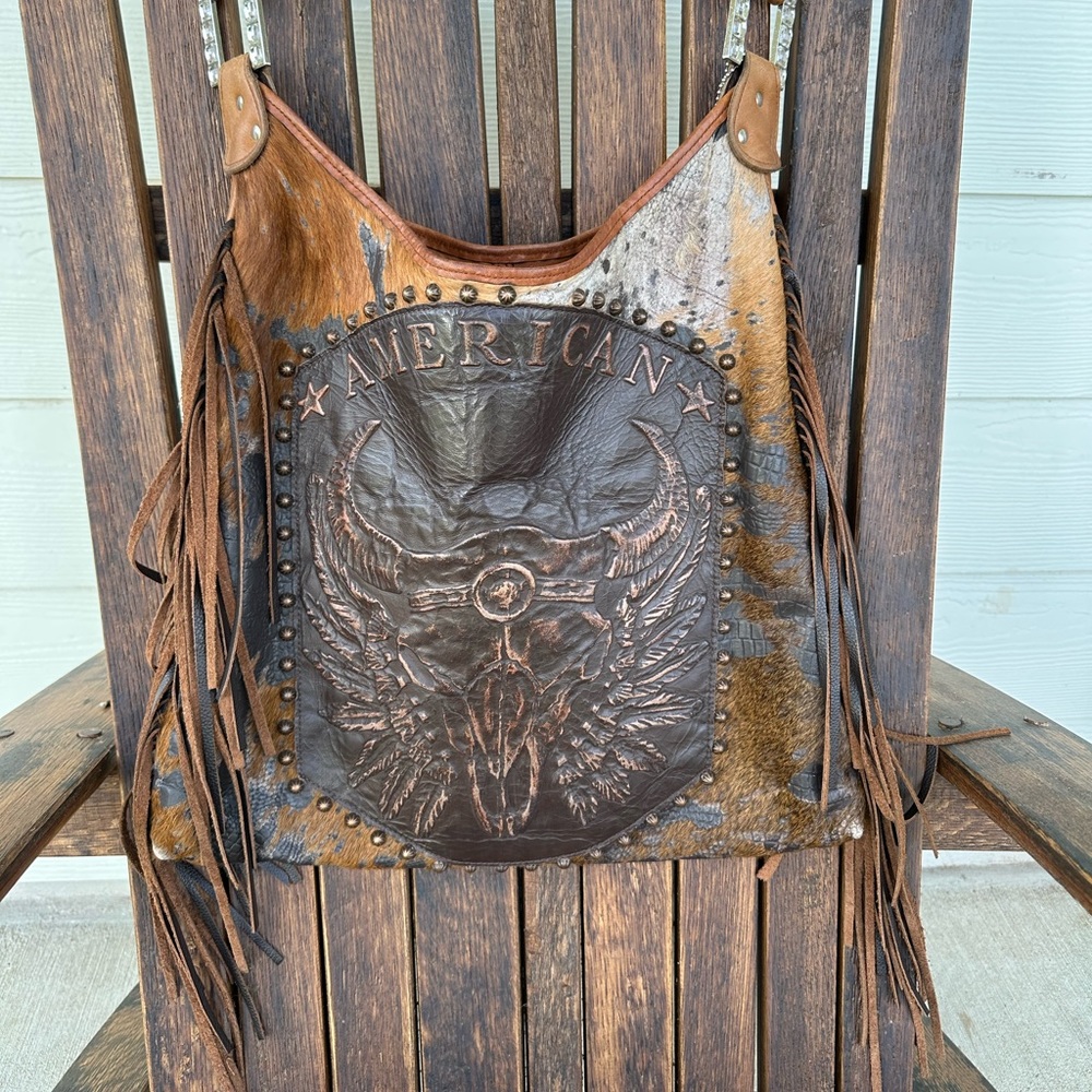 Raviani Acid Wash Cowhide Steer Skull Hobo Bag